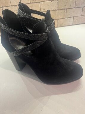 Frye Black Suede Braided-Strap Block Heel Booties size 10